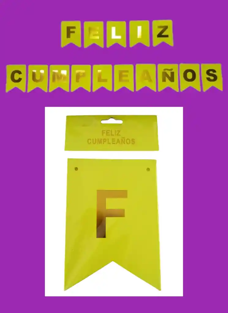 Letrero-banderin Feliz Cumpleaños Amarillo Fosforescente Letras Doradas