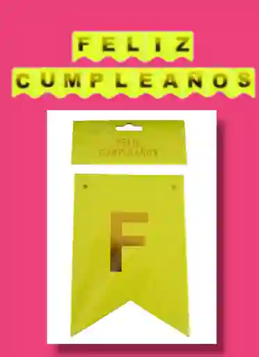 Letrero-banderin Feliz Cumpleaños Amarillo Fosforescente Letras Doradas