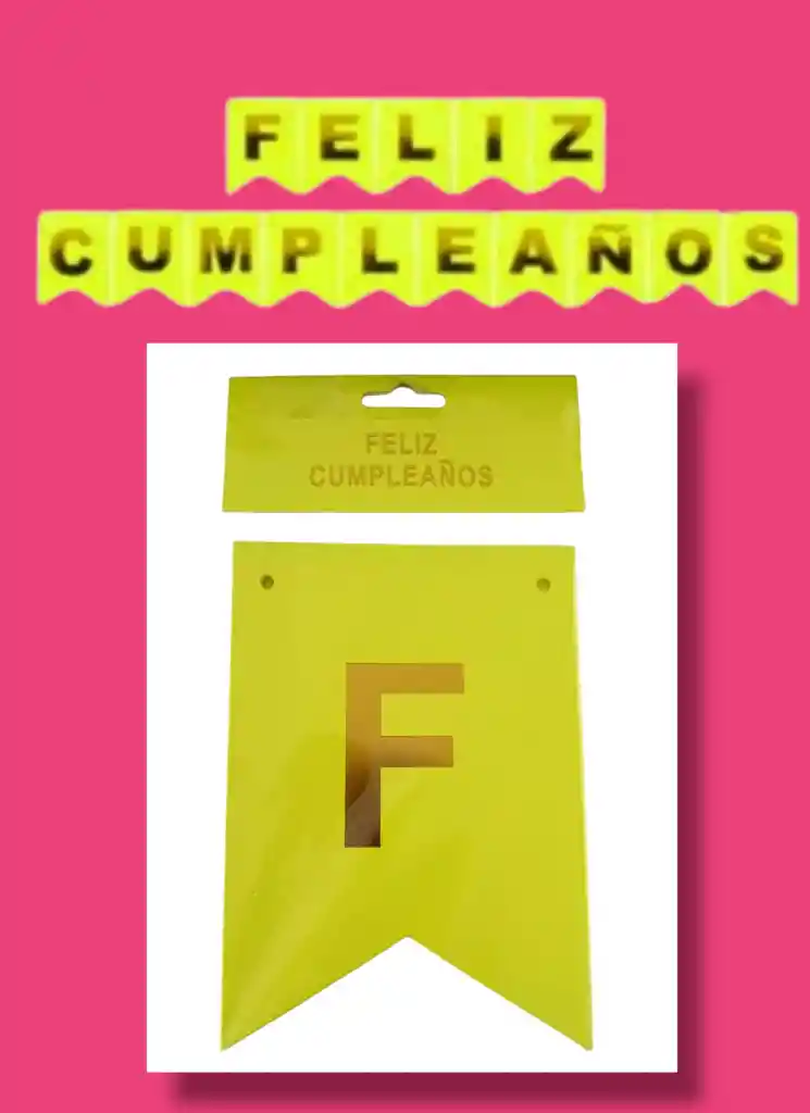 Letrero-banderin Feliz Cumpleaños Amarillo Fosforescente Letras Doradas