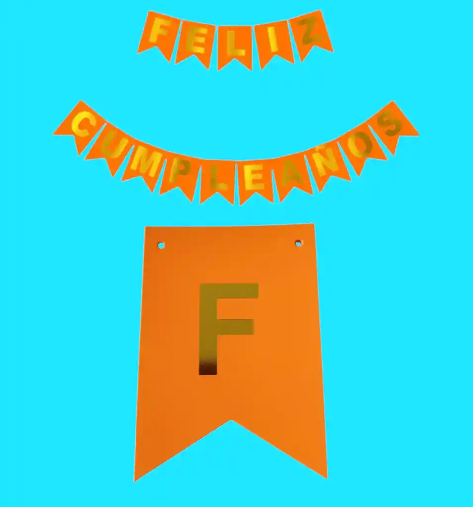 Letrero-banderin Feliz Cumpleaños Naranja Fosforescente Letras Doradas