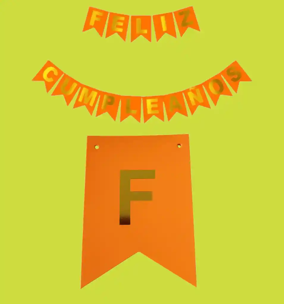 Letrero-banderin Feliz Cumpleaños Naranja Fosforescente Letras Doradas