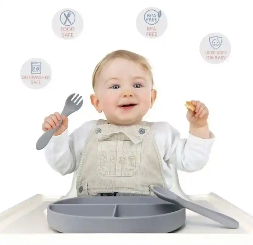 Kit Alimentación Bebe Niño Vajilla En Silicona Plato Babero