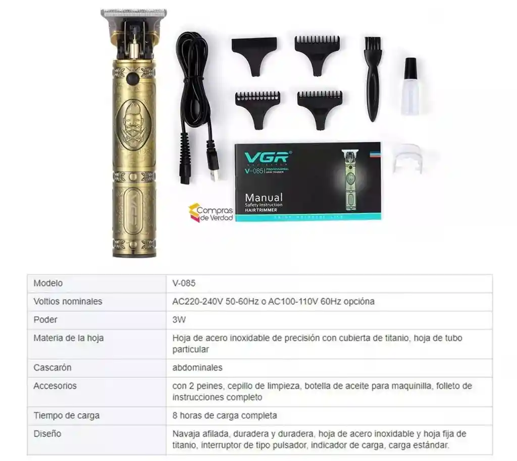 Maquina Peluquera Y Patillera Tipo T Recargable Vgr V - 085