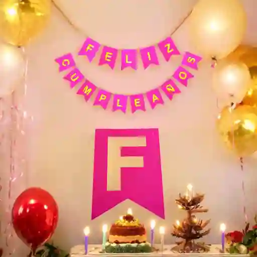 Letrero-banderin Feliz Cumpleaños Fucsia Letras Doradas