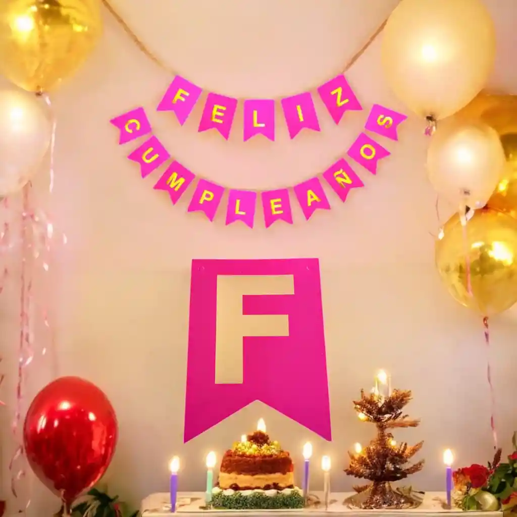 Letrero-banderin Feliz Cumpleaños Fucsia Letras Doradas