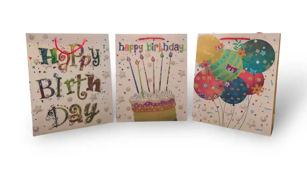 Bolsa De Regalo Cartulina Feliz Cumpleaños Fina Lisa Talla L