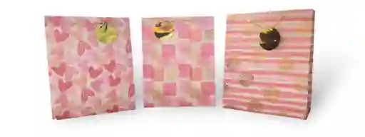 Bolsa De Regalo Cartulina Rosada Corazones Fina Holográfica