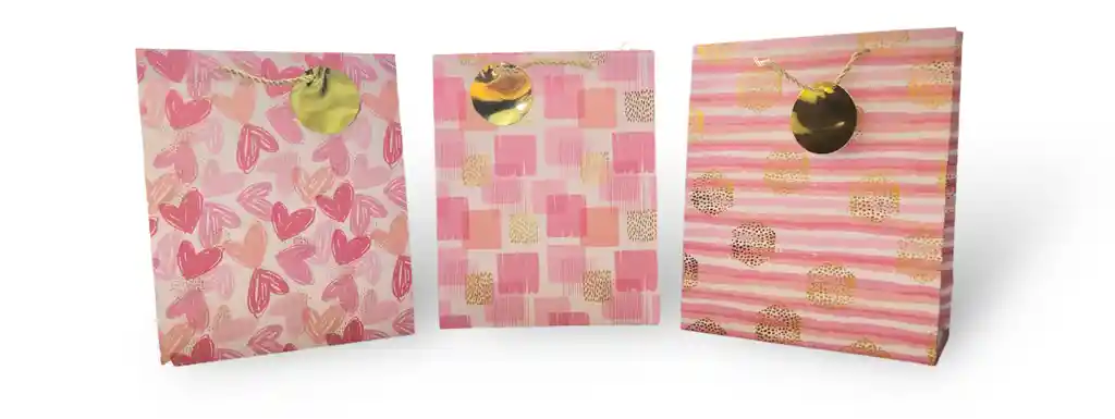 Bolsa De Regalo Cartulina Rosada Corazones Fina Holográfica