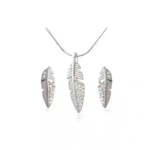 Trio De Plata Rodinada Cadena, Dije Y Aretes Diseño De Pluma