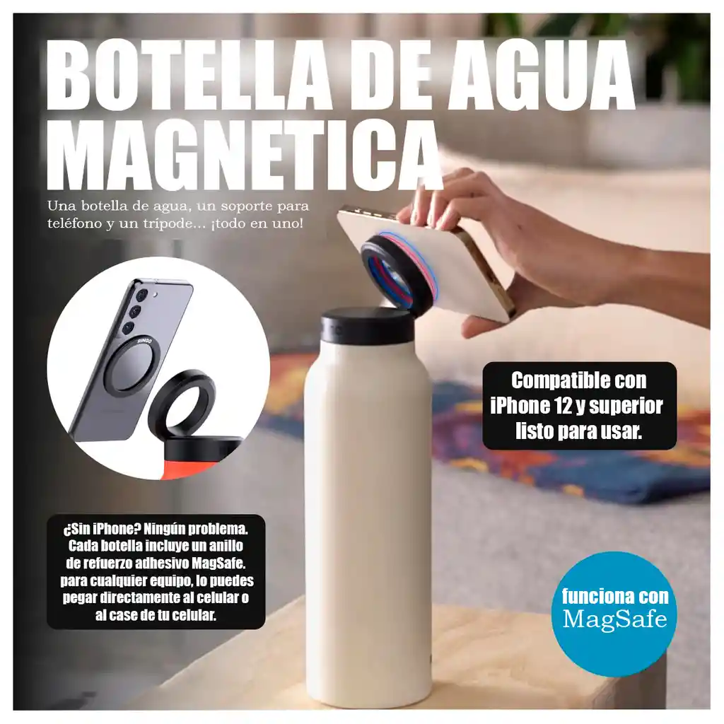 Termo Botella Agua Acero Inoxidable + Soporte Imán Celular Negro 720ml