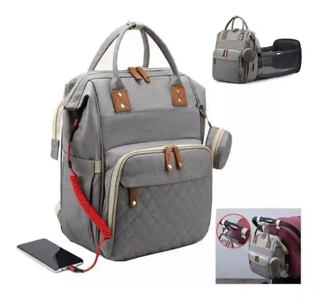 Pañalera Mochila Bolso Morral Para Bebé Más Monedero Color Gris