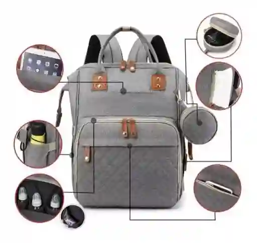Pañalera Mochila Bolso Morral Para Bebé Más Monedero Color Gris