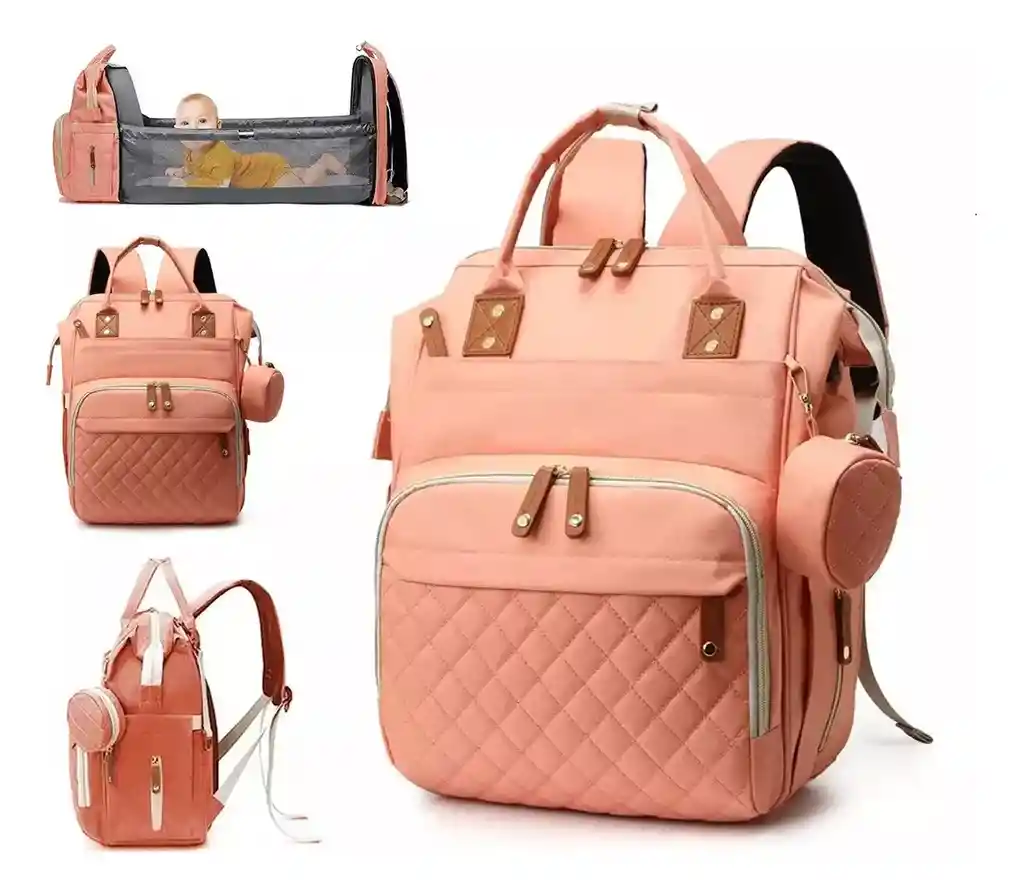 Pañalera Mochila Bolso Morral Para Bebé Más Monedero Color Coral