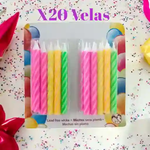 Velas Colores Neón En Espiral X20 Unidades/ Para Tortas, Decoración, Bautizo/8cm