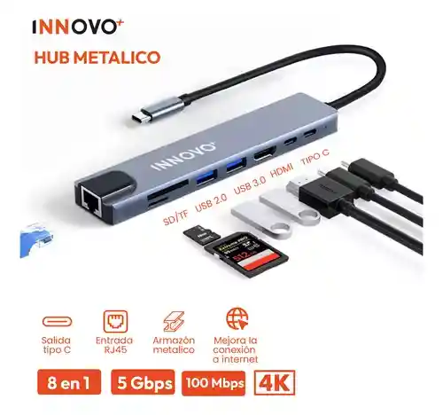 Hub Multipuertos Tipo C 8 /1 Red Gigabit 1000mbps 4k Innovo+