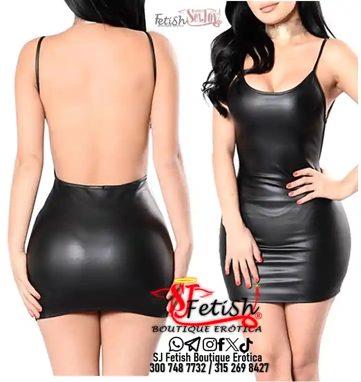 Vestido Back Talla M Sintetico - Vestido Negro De Piel Sintética Para Mujer, Minivestido Sexy Con Cuello Halter, Sujetador De Realce De Látex, Ropa Fina A La Cadera Para Verano