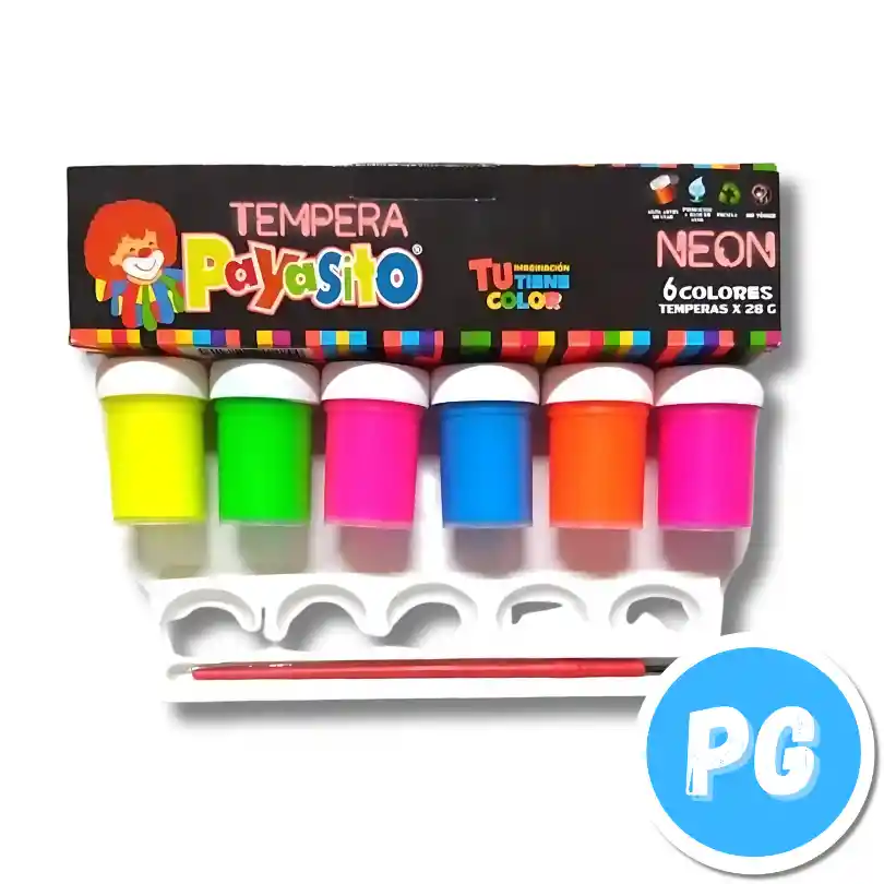 Caja Tempera Payasito Escolar X6 Colores Neon + Pincel + Paleta No Toxico