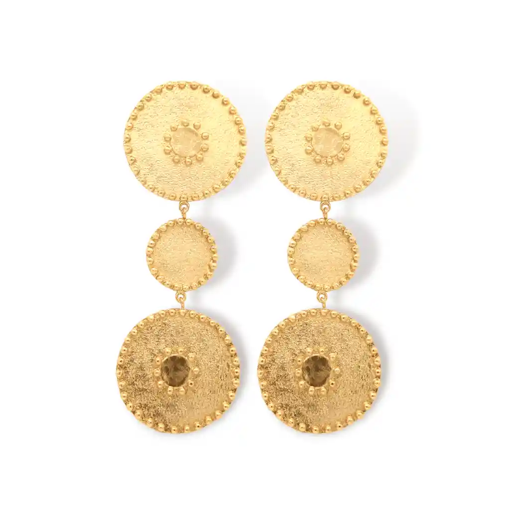 Aretes Largos Con 2 Dos Medallones Precolombinos Y Un Circulo De Bolitas Soldadas