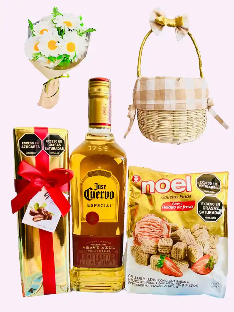 Regalo Ancheta Canasto Picnic Amigos Especial Con Tequila Jose Cuervo Especial, Galletas Flores Y Chocolates - Amigo Secreto - Amor Y Amistad