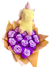 Regalo Ancheta Con Peluche Unicornio Y Rosas Eternas - Amigo Secreto - Amor Y Amistad