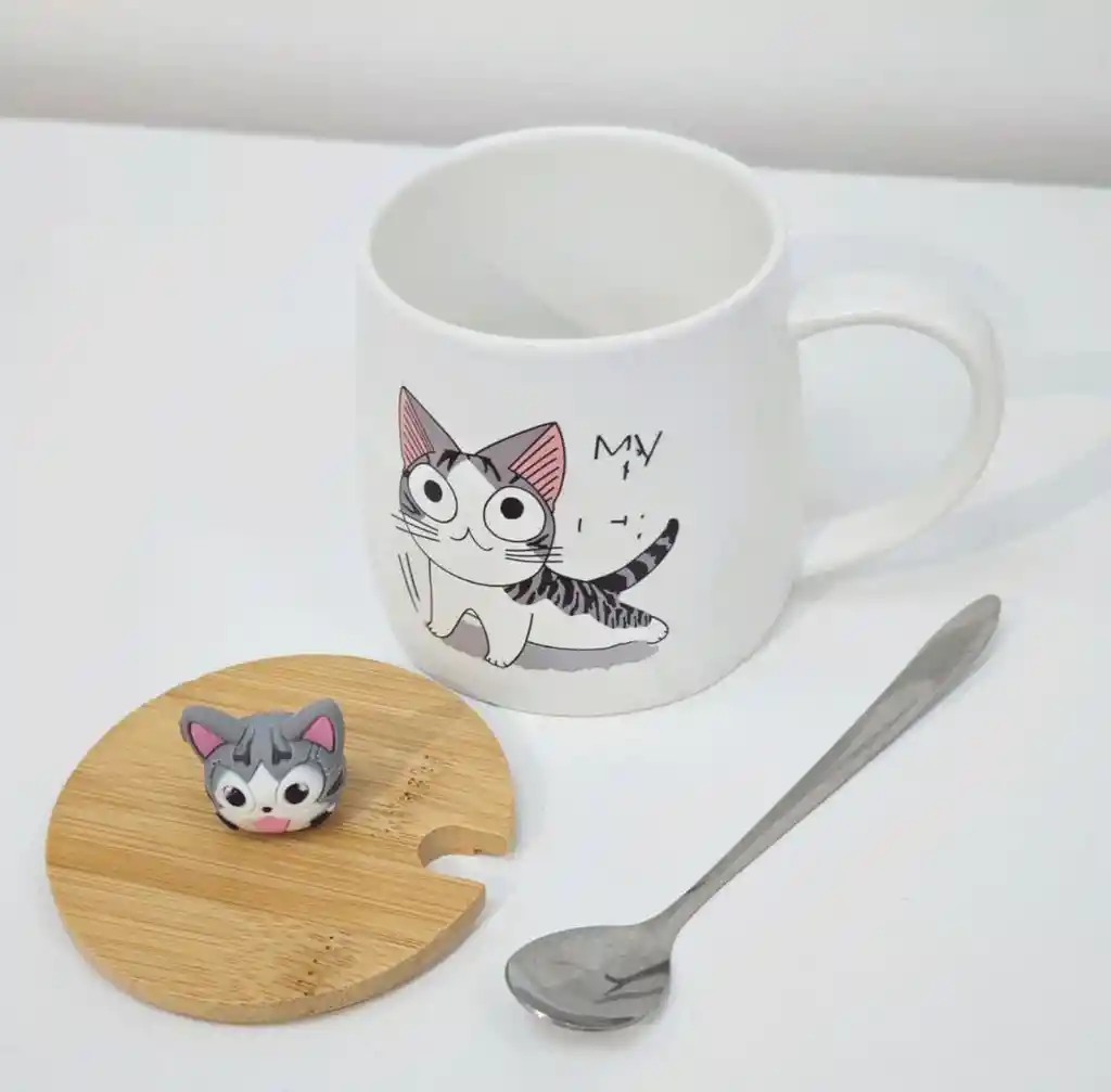 Pocillo Vaso Mug Taza Ceramica Tapa Y Cuchara Catlovers