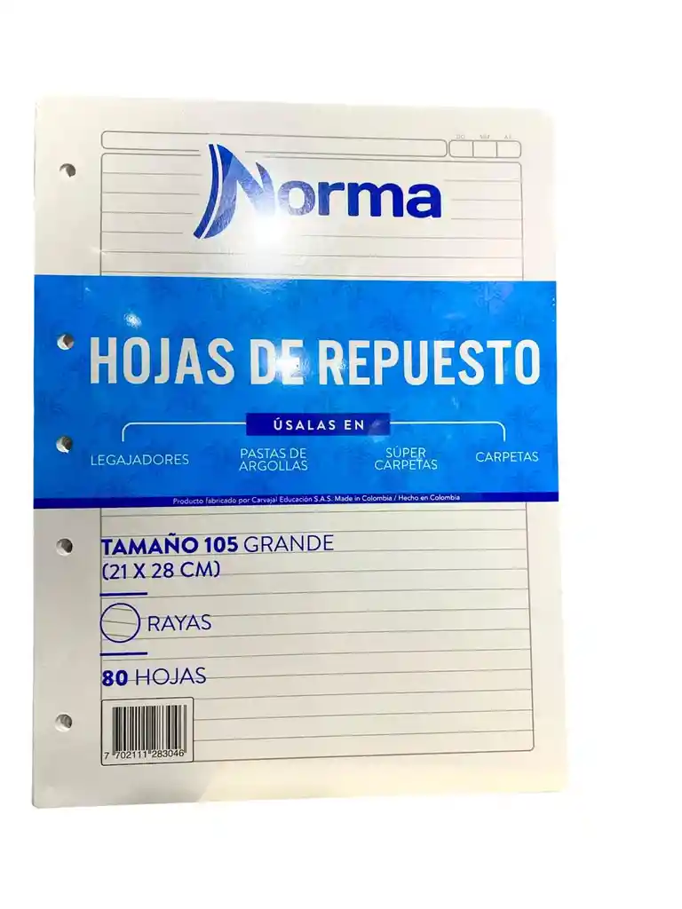 Hojas De Repuesto Norma Rayada Para Carpeta Tamaño 105 Grande 80 Hojas