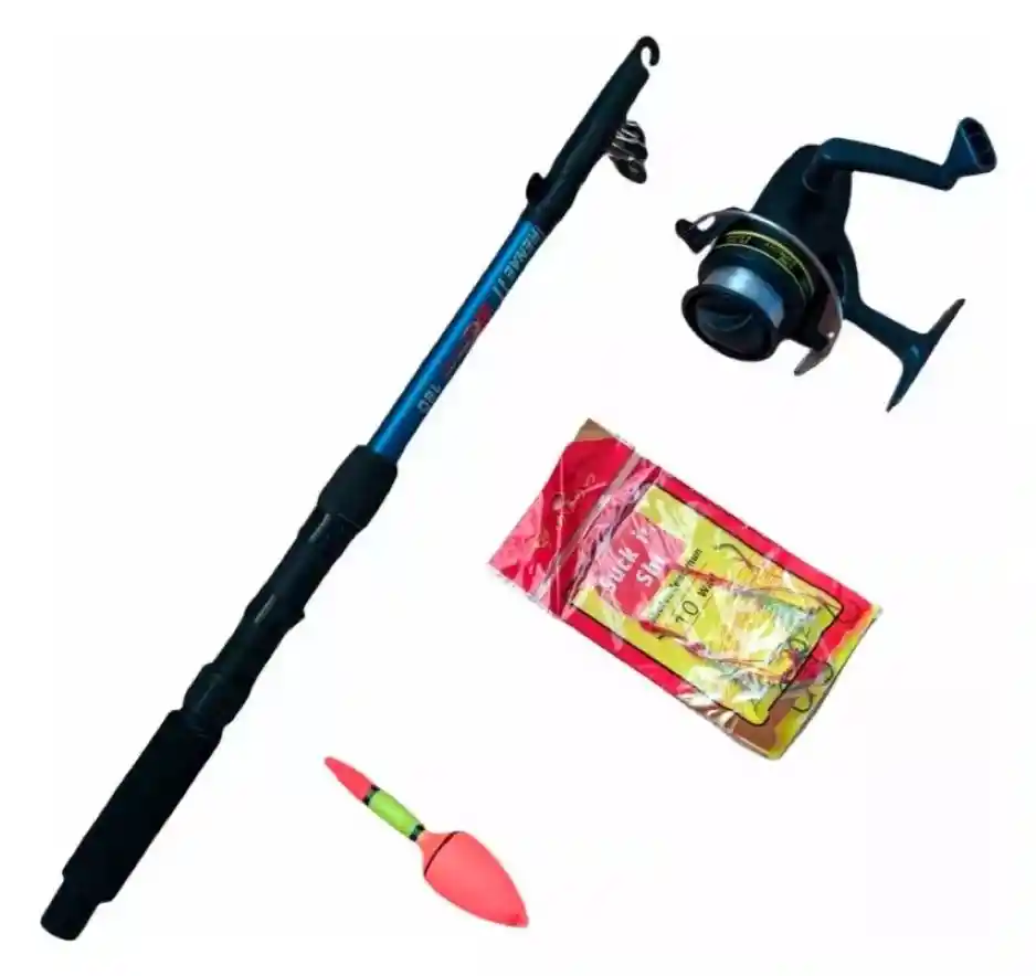 Caña De Pescar 2.1 Mt Niños Bara Anzuelos Mas Carrete Nylon