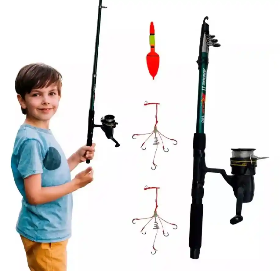 Caña De Pescar 2.1 Mt Niños Bara Anzuelos Mas Carrete Nylon