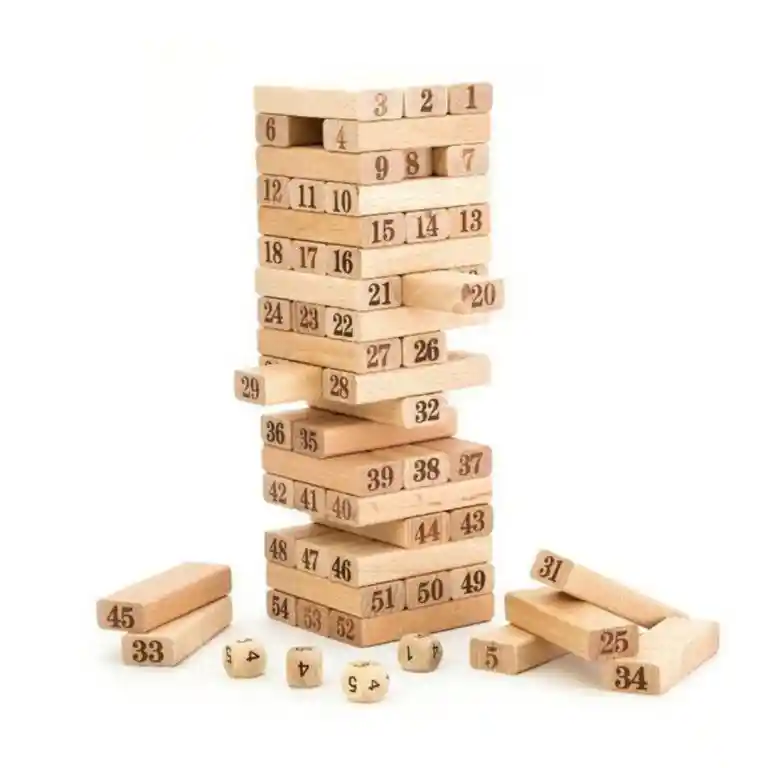 Juego Bloques De Madera Jenga Mini + 4 Dados / 48 Bloques