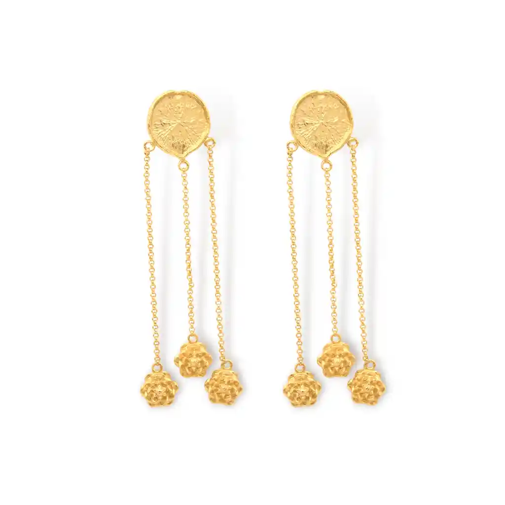 Aretes Largos Con Hoja De Victoria Regia Y Flores De Loto