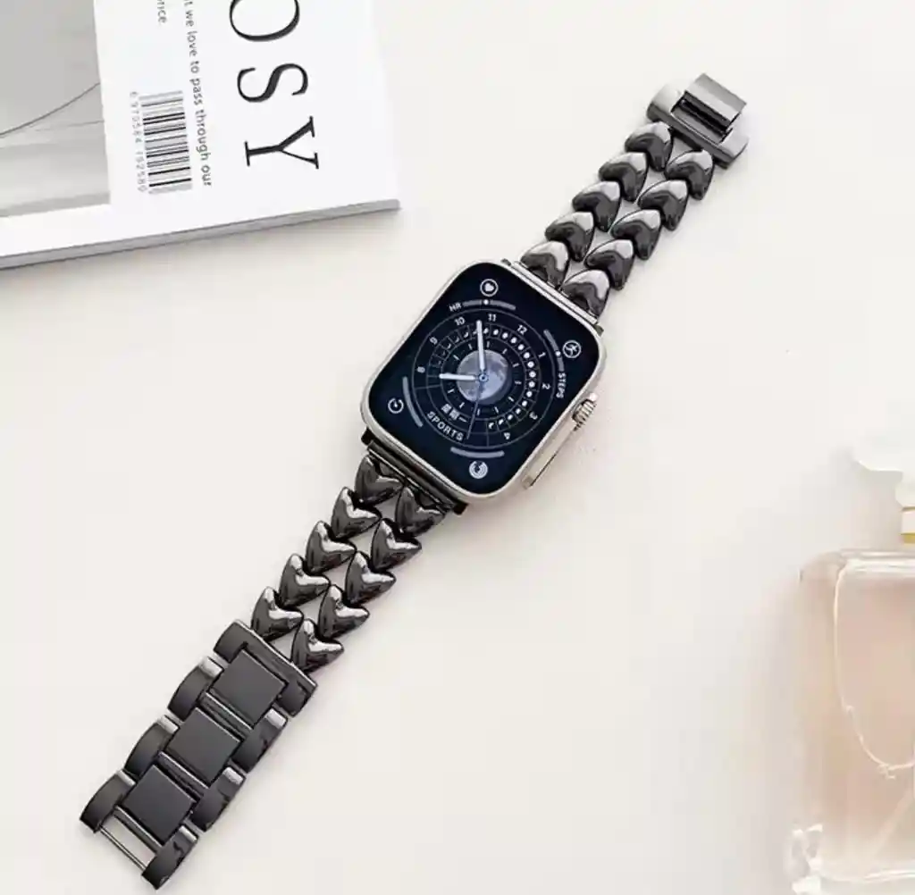 Pulso Apple Watch Metalico Corazones Cute Negro 42-44-45-49mm