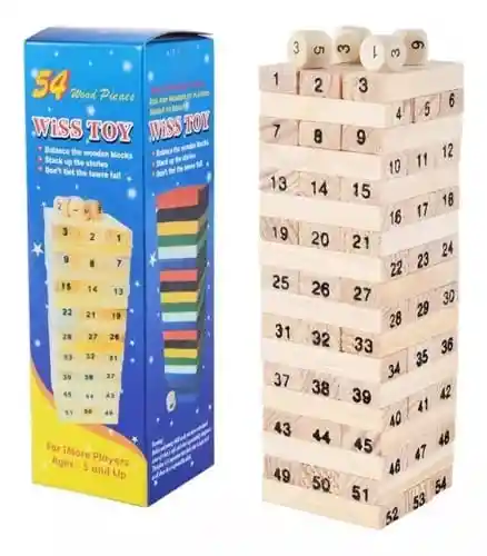 Juego Bloques De Madera Jenga 54 Piezas + 4 Dados (mediano)