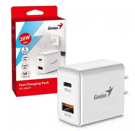 Cargador Genius Pd-20acp Us Blanco Mas Cable Tipo C 1mt