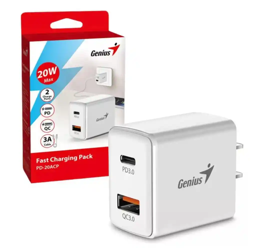 Cargador Genius Pd-20acp Us Blanco Mas Cable Tipo C 1mt
