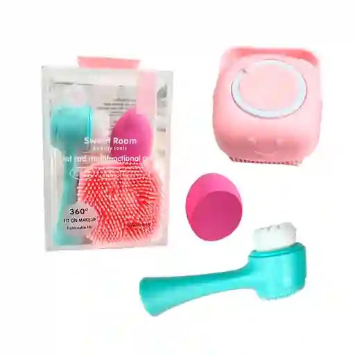 Kit 3 Cepillos Exfoliante Facial + Corporal Con Dispensador Jabon + Beauty Blender