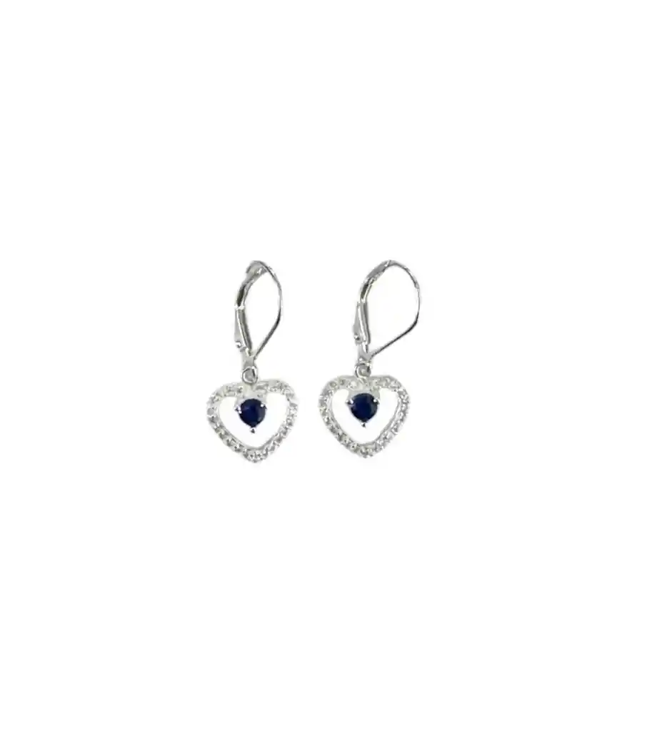 Aretes Plata Ley 925 Corazon Con Brillos Azul Original + Bolsita De Tela