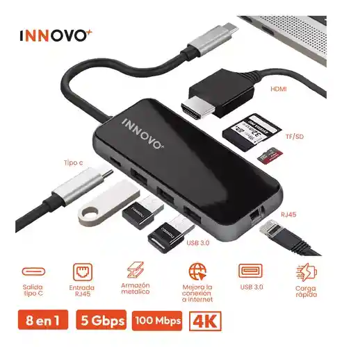 Hub Tipo C 8 En 1 Hdmi 4k Lan 1000mbps Rj45 Sd Usb 87w