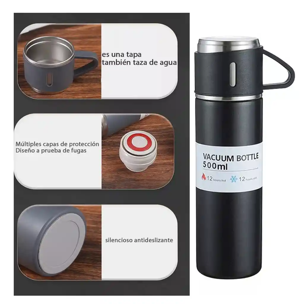 Termo De Acero Inoxidable De 500 Ml Con 2 Tazas Para Servir