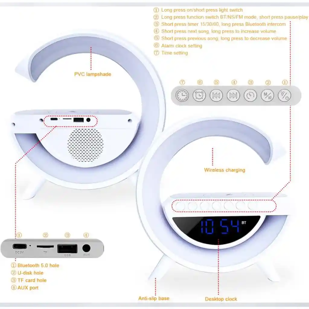 Parlante Inteligente Intouch Con Lámpara, Bluetooth Y Reloj - Portátil