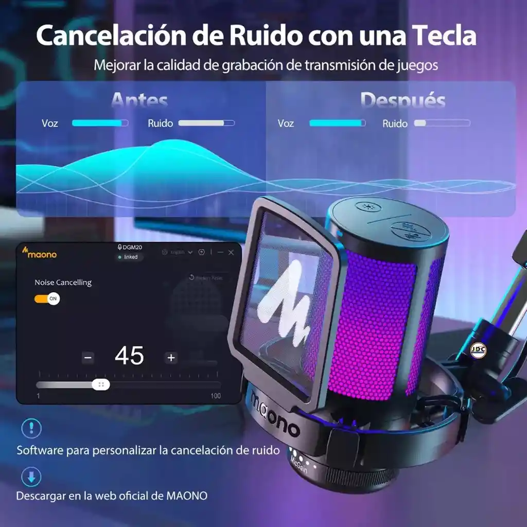 Micrófono Condensador Maono Con Cancelación De Ruido Y Soporte De Brazo Rgb Dgm20s Cardioide Para Pc Y Celular Color Negro