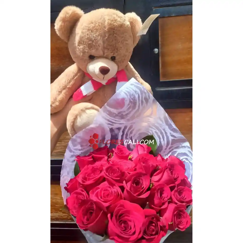 Bouquet 24 Rosas Rojas Y Oso De Peluche