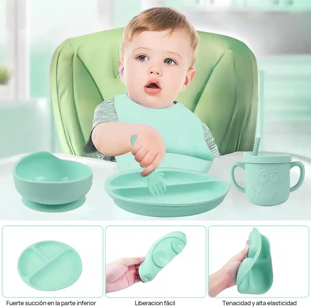 Kit Alimentación Bebe Vajilla Silicona Niño Platos 6 Piezas