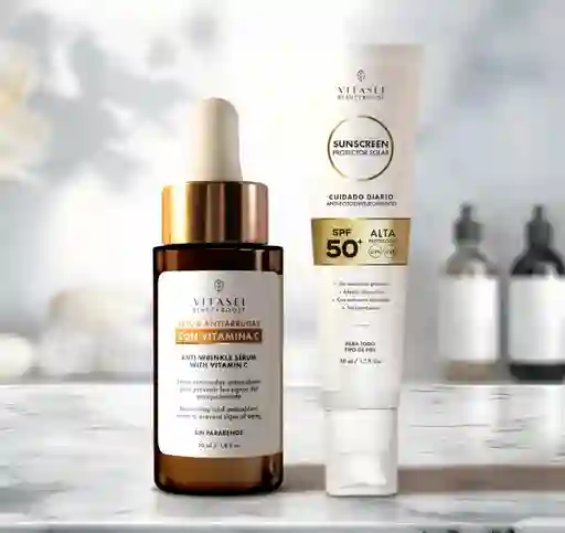 Kit Serum Con Vitamina C + Protector Solar Spf 50 Uva Y Uvb