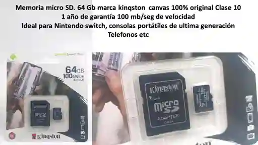 Memoria Micro Sd 64 Gb Kinqston Canvas Original 1 Año De Garantia
