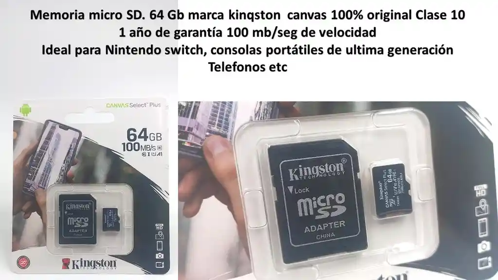 Memoria Micro Sd 64 Gb Kinqston Canvas Original 1 Año De Garantia