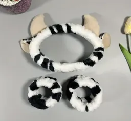 Juego De Diadema Con Diseño De Vaca Y Muñequera Para Lavado De Cara De Spa, Y Maquillaje Diadema Para El Cuidado De La Piel