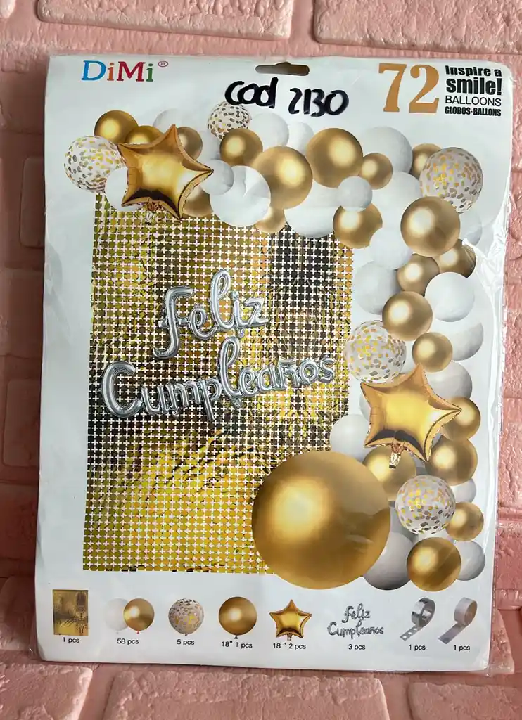 Bouquet Globos Kit Cumpleaños 72 Piezas Blanco/dorado (( Globos-cortina-letrero -etc ))
