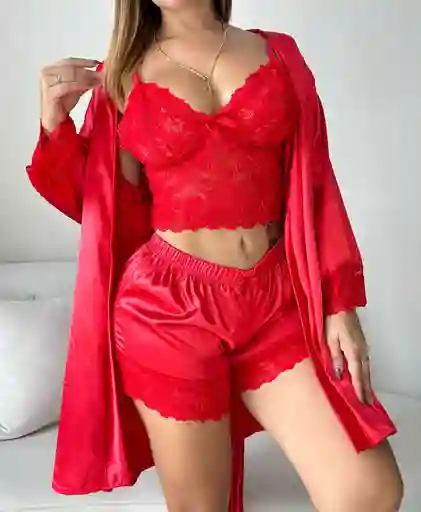 Pijama En Para Mujer 3 Piezas Satin Kimono Rojo S/m Amor Y Amistad