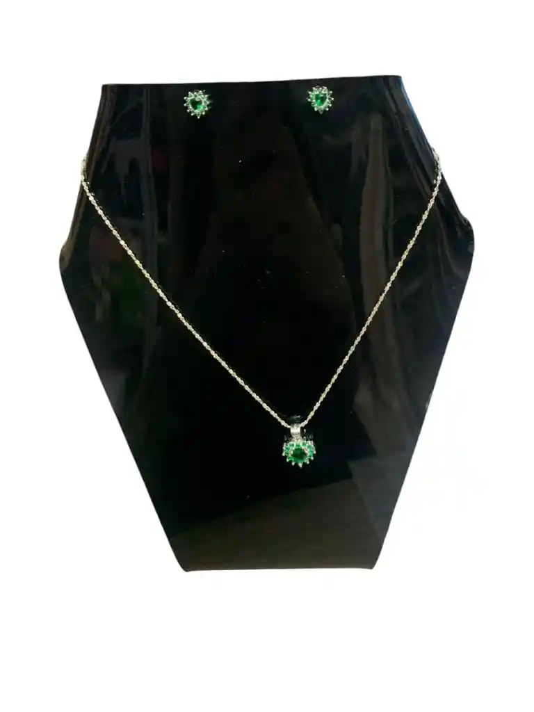 Trio Plata Ley 925 - Corazon Verde Con Pepitas + Estuche De Lujo