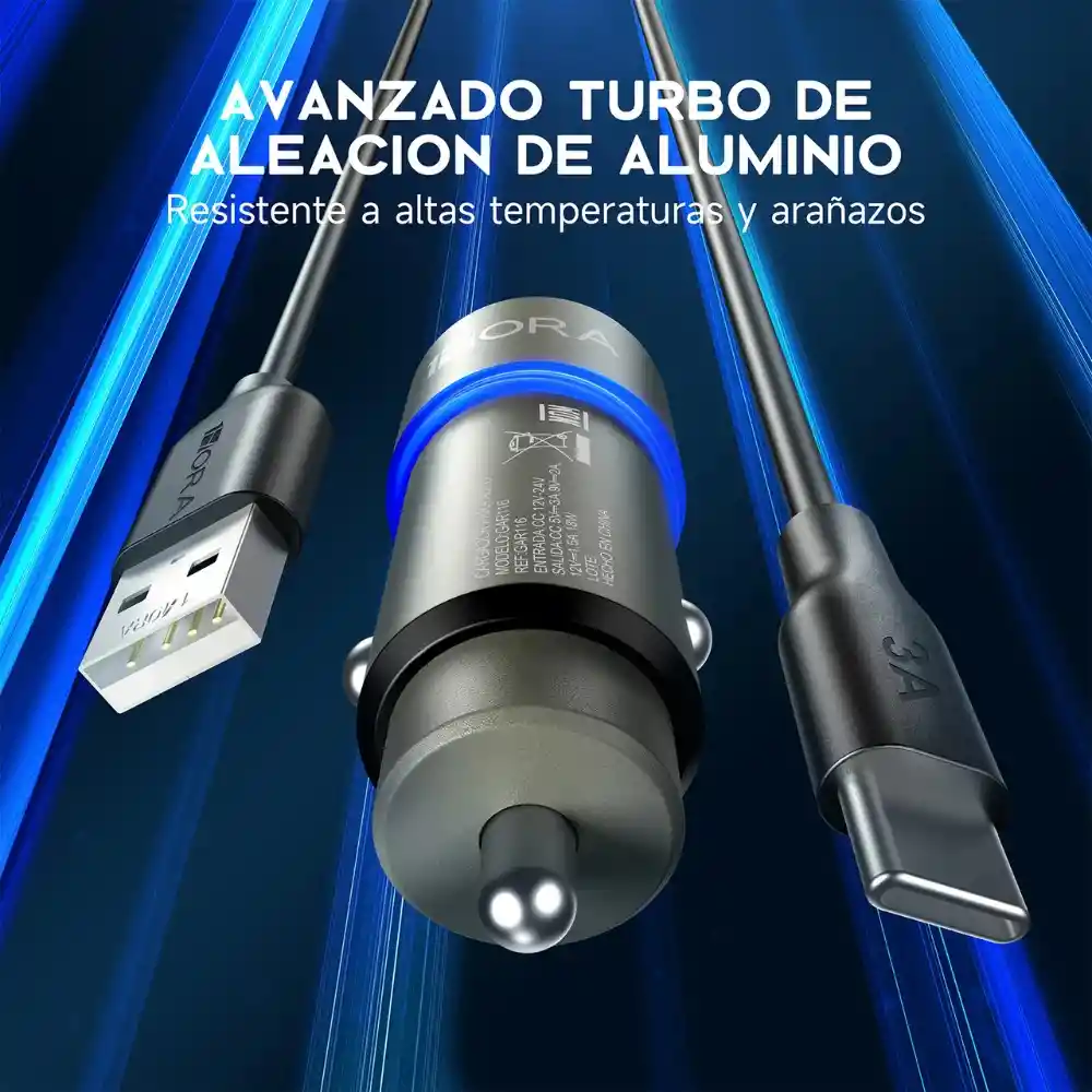 Cargador 1hora Para Carro Puerto Usb + Cable Tipo C Gar116